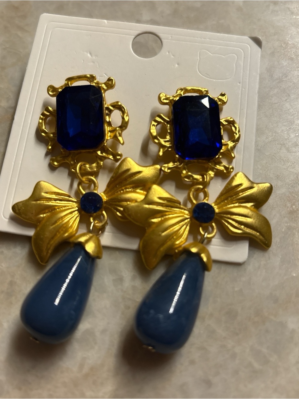 Vintage Gold and Royal Blue Floral Drop Earrings - Women Accessories